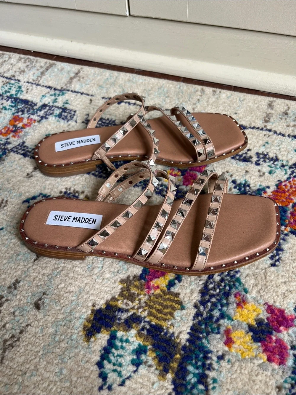 Steve Madden Skyler Studded Three-Band Slide Sandals in Tan size 8
